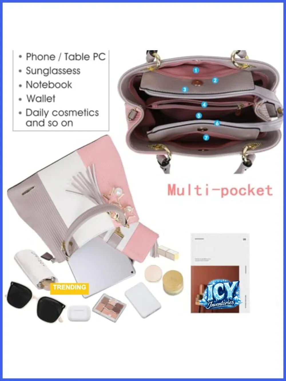 Top Handle PU Leather Satchel Handbag with 8 Pockets, Adjustable Crossbody